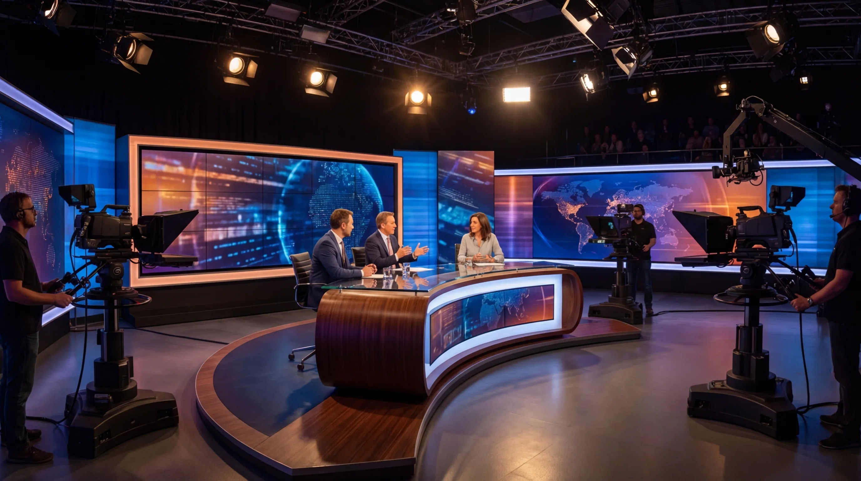 Live television broadcast studio with panel discussion