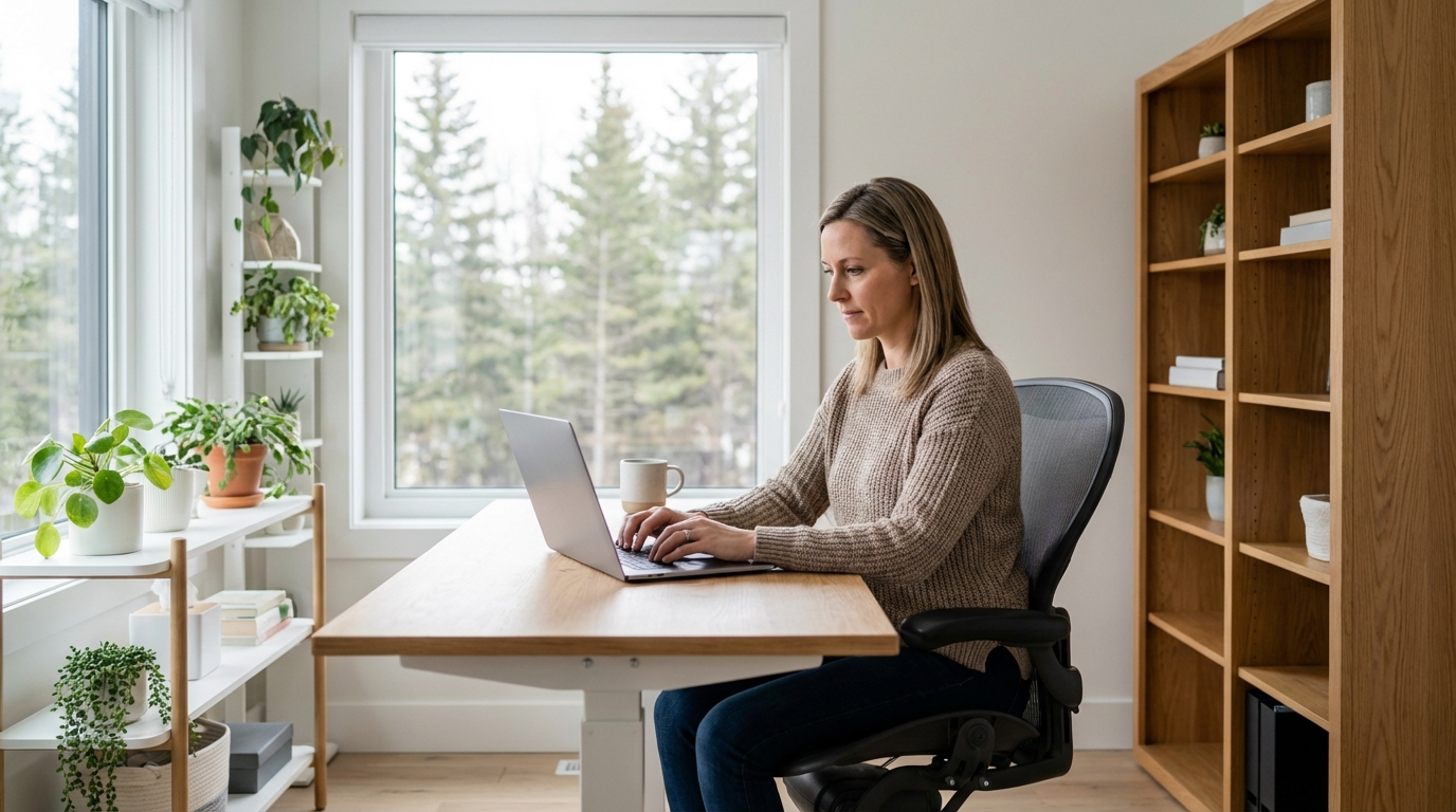 Laptop and phone on desk in apartment